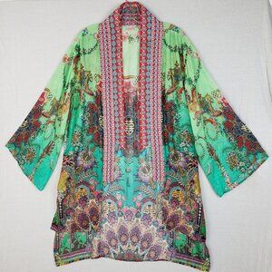 NwoT CIENNA Designs Emerald Kimono Silk Duster Ethnic Bohemian Print O/S Resort